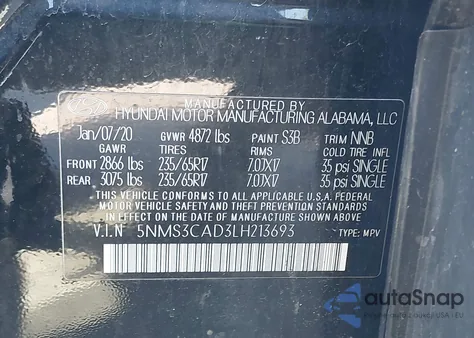 2020 Hyundai Santa Fe Sel из США, поврежденный, VIN 5NMS3CAD3LH213693